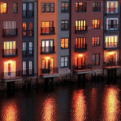 Row of colorful apartment buildings, lit by warm interior lights, reflecting on a calm river at dusk.