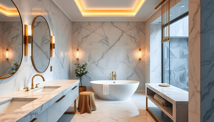 Luxury bathroom interior with a contemporary design, featuring a clean sink, mirror, and white towels