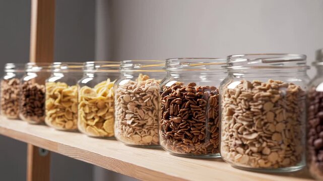 This video showcases several glass jars filled with different cereals and grains arranged in a row on a wooden shelf. The neat organization highlights variety, healthy eating, and a well-stocked kitch