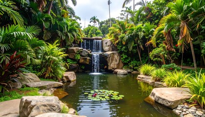 Lush tropical garden with waterfall and pond