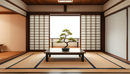 Modern Japanese living room interior with a wooden floor and large window