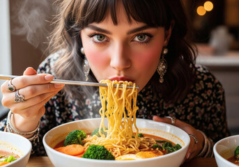 Woman enjoying delicious steaming hot noodle soup from a white bowl with chopsticks