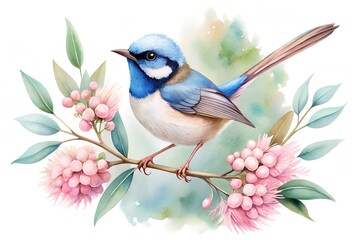 Watercolor painting of a blue wren perched on a flowering branch, isolated on white background the artwork captures the delicate beauty of nature