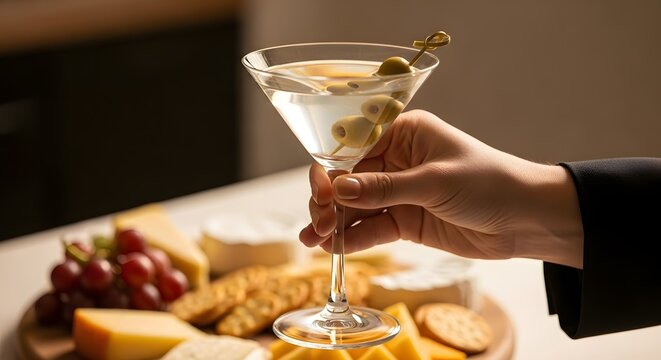A person's hand holding a classic martini cocktail garnished with olives, with a gourmet cheese and fruit platter in the background during an elegant gathering.