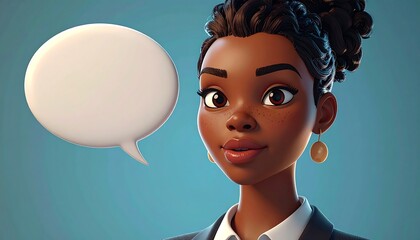 A friendly, animated female character, with expressive features, gazes thoughtfully at a blank speech bubble against a serene teal backdrop.