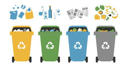 Vector illustration of four recycling bins with various types of waste, including plastic bottles, paper, glass, and food waste, suitable for educational or infographic purposes, promoting