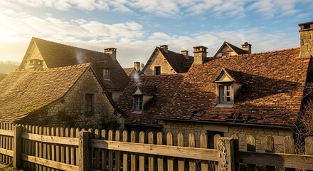 Old European Village Rooftops at Sunset Golden Hour.