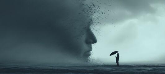 Surreal minimalist 3D scene of lone figure with umbrella in violent storm facing colossal male face in swirling storm clouds, dramatic silhouette lighting, double exposure, cinematic and introspective