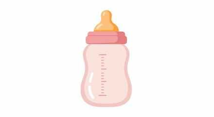 A cute pink baby bottle with a yellow nipple and measurement markings, isolated on a white background, perfect for baby care and feeding illustrations.