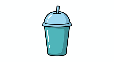 A charming light blue cartoon vector graphic of a takeaway drink cup with a domed lid and straw, perfect for refreshing beverages.