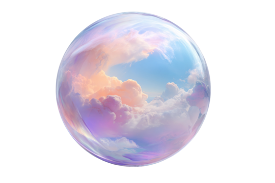 A transparent sphere encapsulates a dreamy sky filled with pastel clouds and soft light. background removed