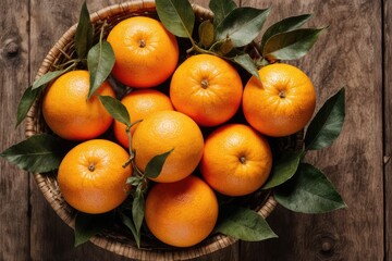 Tangerines (oranges, mandarins, clementines, citrus fruits) with leaves in basket on rustic wooden background, copy space