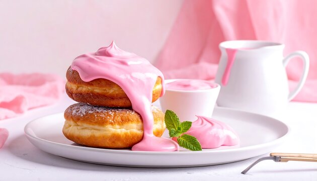 Two glazed doughnuts stacked high, drizzled with pink frosting, sit on a white plate, with more pink frosting and mint leaves nearby.