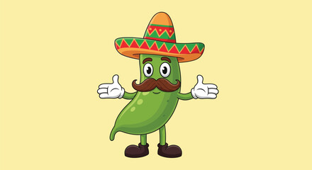 Cartoon Jalape&ntilde;o Pepper with Sombrero and Mustache