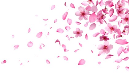 Obraz premium Delicate pink cherry blossom flowers and petals gently cascading against a clean white backdrop, creating a sense of springtime