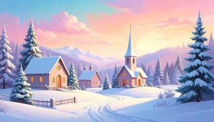 A picturesque winter village nestled in a snowy valley, bathed in the soft light of a serene sunrise, with charming houses and a tall church steeple.