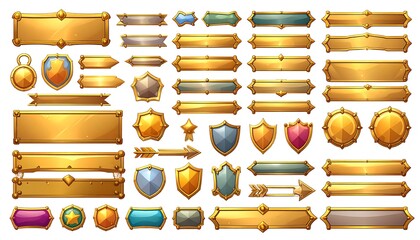 Collection of decorative gold, colorful graphic  elements, including shields, ribbons, and arrows, displayed on a white background.