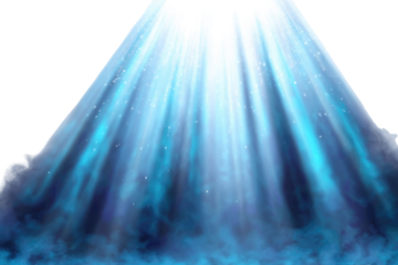 Celestial light beams shining down on a dark blue, misty surface, creating a magical, ethereal scene. background removed