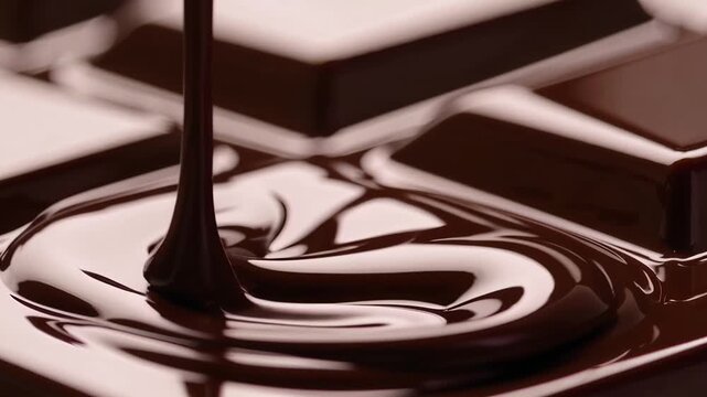 This video features a close-up of glossy melted chocolate being poured over a bar of solid chocolate, perfectly capturing the rich texture, deep color, and smooth, tempting appearance of this sweet tr