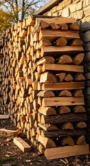 Organized firewood stack against a rustic stone wall, displaying warmth and preparation for colder