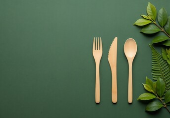 Image is a minimalist, flat-lay style photograph featuring a set of three wooden utensils&mdash;a fork, knife, and spoon&mdash;arranged vertically on a solid dark green background. The utensils are positioned cen