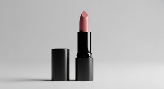 Image features a minimalist and elegant product photograph of a lipstick. The layout is simple, with the lipstick standing upright against a plain, light gray background. The lipstick itself is a clas