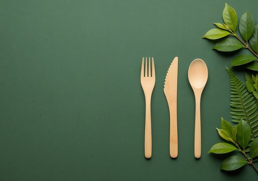 Image is a minimalist, flat-lay style photograph featuring a set of three wooden utensils&mdash;a fork, knife, and spoon&mdash;arranged vertically on a solid dark green background. The utensils are positioned cen