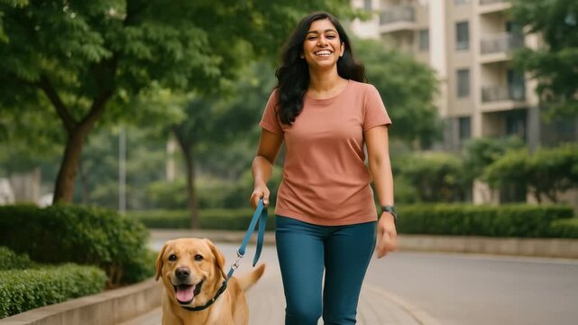 A cheerful woman walks her dog in a park. The video captures a low-angle view, emphasizing the vibrant greenery and urban backdrop.
