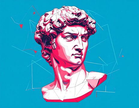 A stylized depiction of a classical sculpture head, rendered in vibrant pink and white, against a striking turquoise backdrop, showcasing a modern artistic approach to an ancient subject. - Powered by Adobe