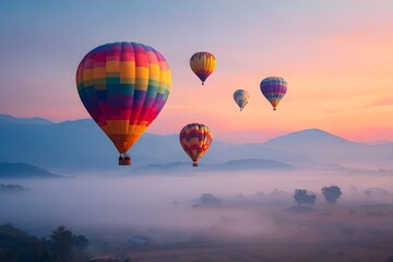Obraz premium Hot Air Balloons Floating Foggy Valley Adventure Travel Photography Design Background Template Commercial