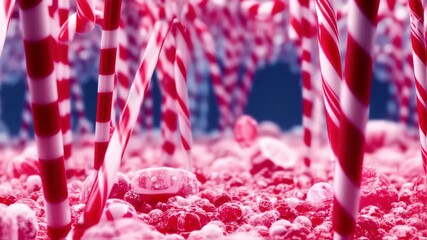 Candy Cane Wonderland: An eye-level perspective of numerous candy canes creates a whimsical candy world with red and white stripes, enhancing the delight of sweets and the joy of indulging