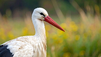 Close-up of a white stork with a vibrant red beak, showcasing detailed plumage and a soft, blurred background of wildflowers.