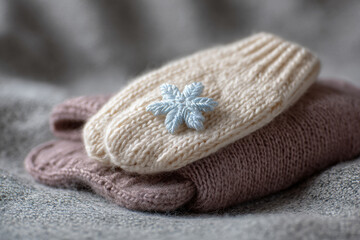 delicate snowflake resting gently on knitted mitten creating beautiful winter atmosphere