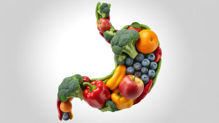 Fruit vegetable broccoli apple blueberry pepper vibrant stomach shaped arrangement promoting healthy digestion through natural produce colors symbolizing balanced gut health and nutritional balance