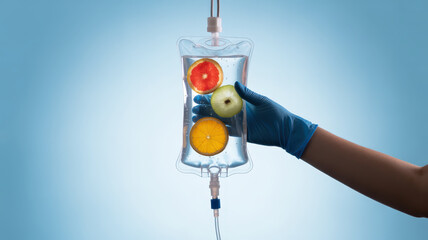 Iv infusion infusion bag vitamin infusion drip bag infusion therapy citrus concept capture gloved hand holding transparent solution bag infused with fresh fruit slices to convey wellness