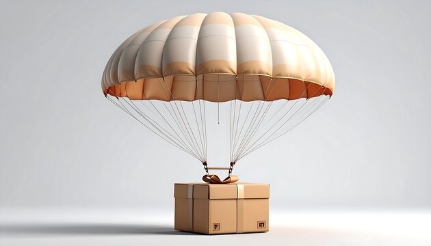 A beige parachute gracefully descends, carrying a gift-wrapped package in a minimalist setting.
