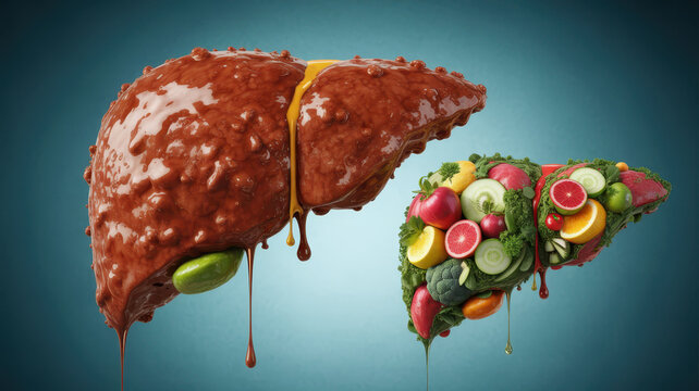 Liver unhealthy healthy fruit vegetable dripping contrast diet nutrition concept showing impact of processed fats versus fresh produce on organ health with realistic texture and vibrant color