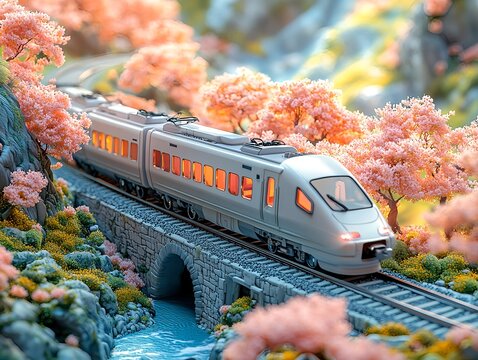 Charming retro commuter train with glowing windows curving through osmanthus valleys and bridges in a whimsical cartoon world
	4.	Minimal white train traveling beside turquoise rivers and fragrant osm