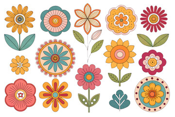 Groovy Flower Power Stickers PNG Set &ndash; Retro 70s Colorful Flowers, Flat Illustration, Transparent Background