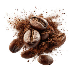 Roasted coffee beans and ground coffee explode in a splash against a transparent background. background removed