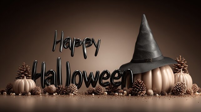 3D "Happy Halloween" black balloon letters with pumpkins, pine cones and witch hat Halloween illustration style photography