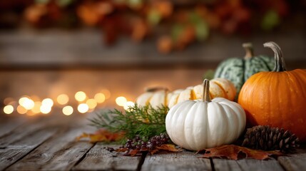 White and orange pumpkins, pine cone, autumn leaves and bokeh lights decorating a rustic wooden table for Thanksgiving or Halloween