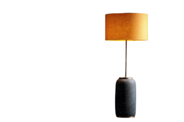 A modern floor lamp with a cylindrical stone base and a warm-toned fabric shade, isolated on a transparent background. background removed