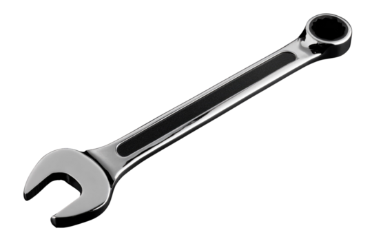 A chrome wrench with a black grip is isolated on a transparent background. background removed - Powered by Adobe