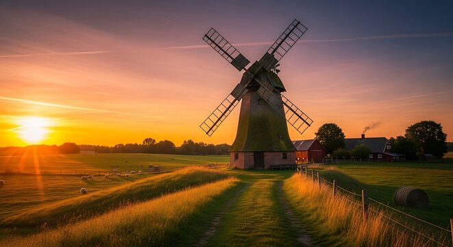 Sunset Landscape with Windmill.