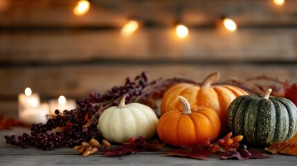 Colorful pumpkins, burning candles, autumn leaves and berries creating a warm Thanksgiving atmosphere on a rustic wooden table