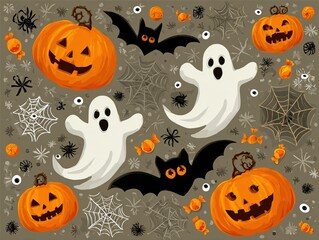 Cute Halloween Ghosts, Bats, and Pumpkins Flat Vector Pattern with Candies, Spider Webs, and Eyes