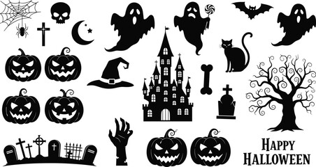 Halloween silhouettes, spooky ghosts, haunted castle, jack o lanterns, spider web, black cat, witch hat, zombie hand, gravestones, skull, crescent moon, bare tree, happy halloween
