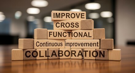 Wooden blocks spelling out corporate teamwork principles on a desk reflecting success