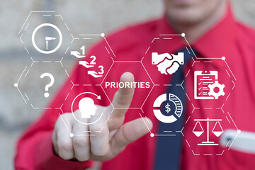 Business person using virtual touch screen presses the word PRIORITIES. Set, arrange priorities...
